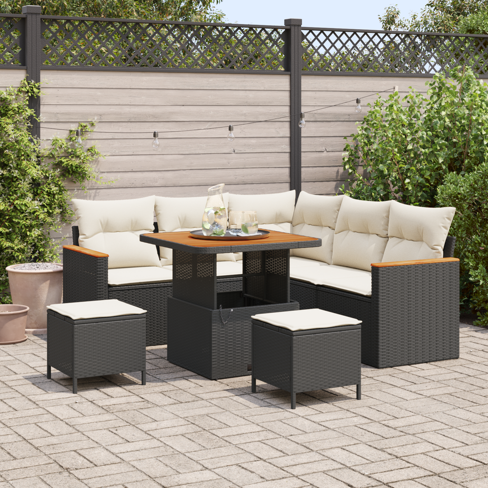 8-piece garden sofa set with cushions in black and cream poly rattan, acacia wood