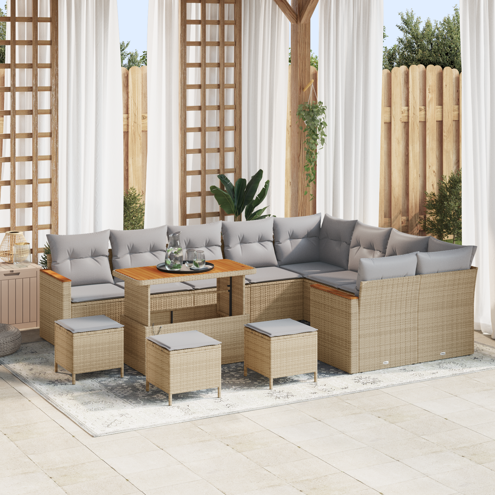 13 dalių sodo sofa komplektas su pagalvėmis smėlio poli ratanas akacijos