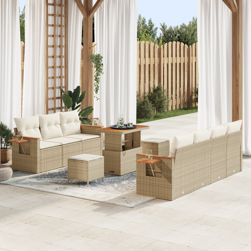 10-Piece Garden Sofa Set with Cushions Sand Poly Rattan Acacia