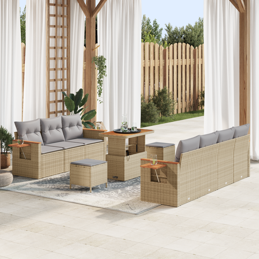10-piece garden sofa set with cushions, beige poly rattan acacia