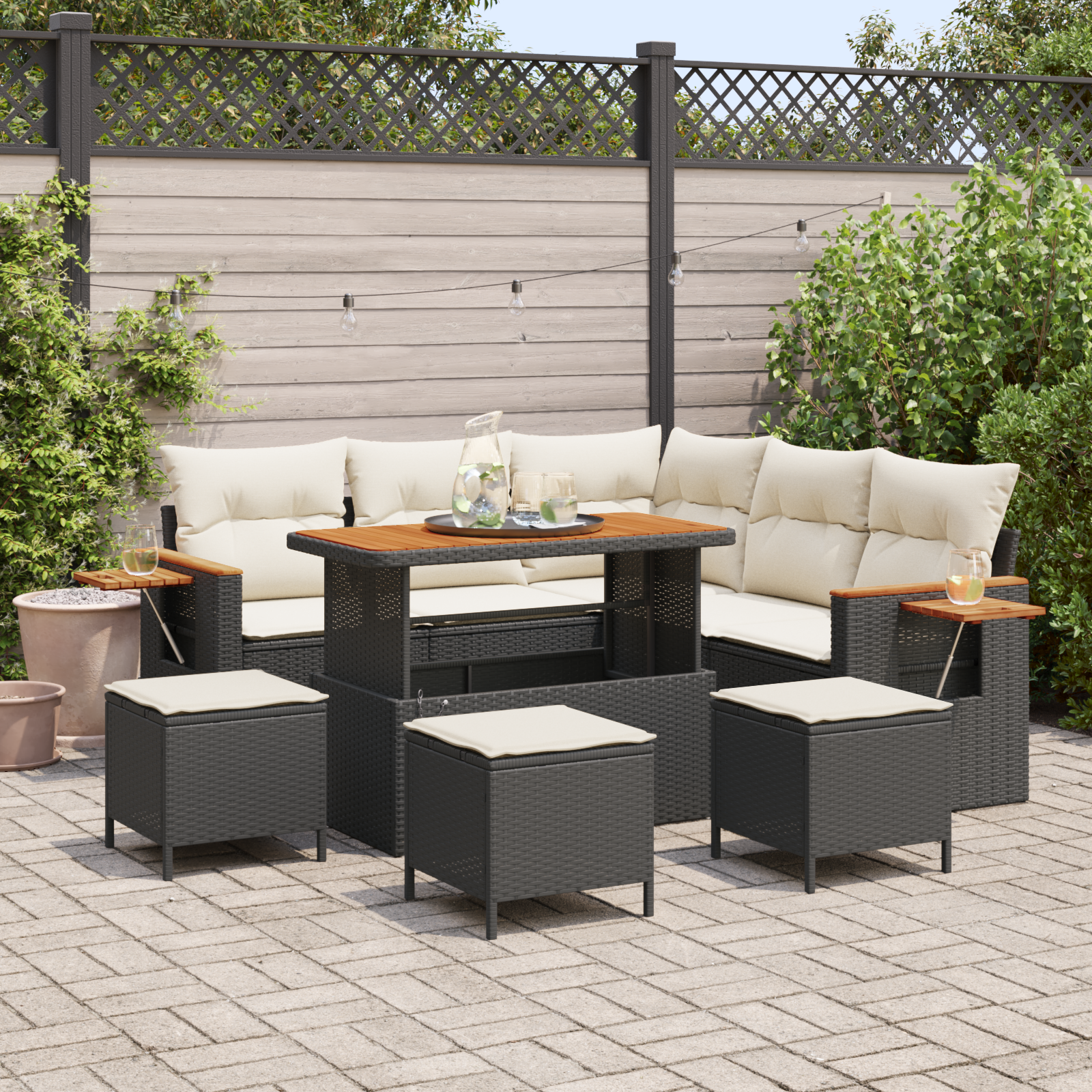Sodo Sofų Rinkinys su pagalve 9 pcs Juoda Poli ratanas