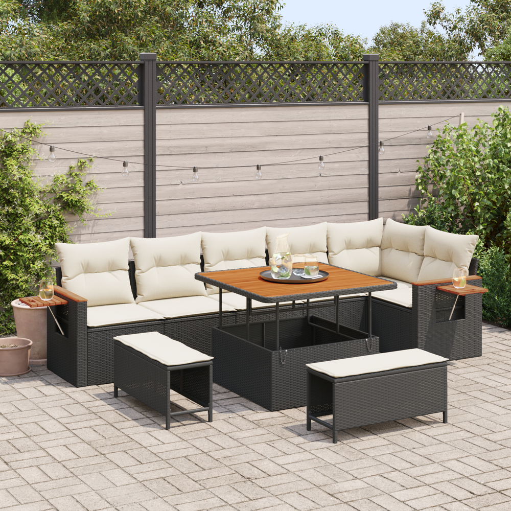 9 dalių sodo sofa komplektas su paminkštinimais juoda poli ratanas akacijos mediena