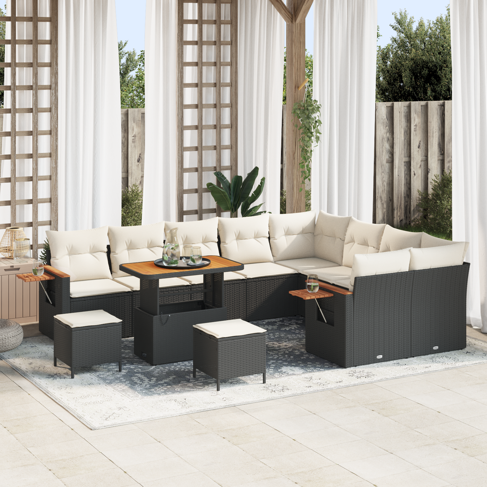 12 dalių sodo sofa komplektas su pagalvėlėmis Juoda Poli ratanas Akacija