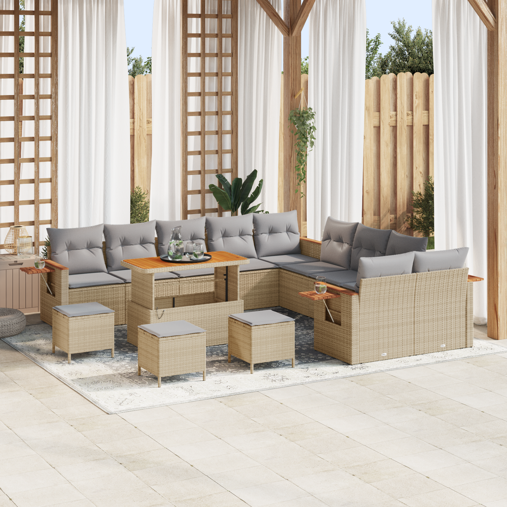 14-Piece Garden Sofa Set with Cushions Sand Poly Rattan Acacia