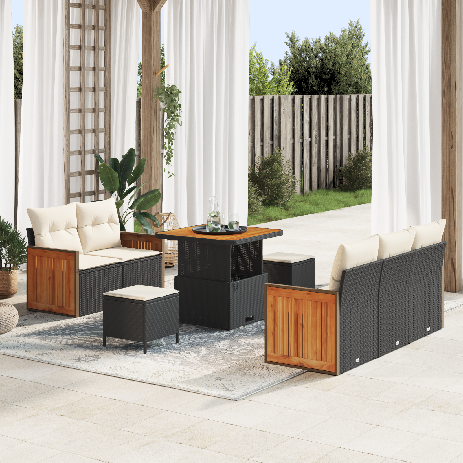 8 dalių Sodo Sofa Komplektas su Paminkštinimais Juodas Poli Ratanas Akacijos