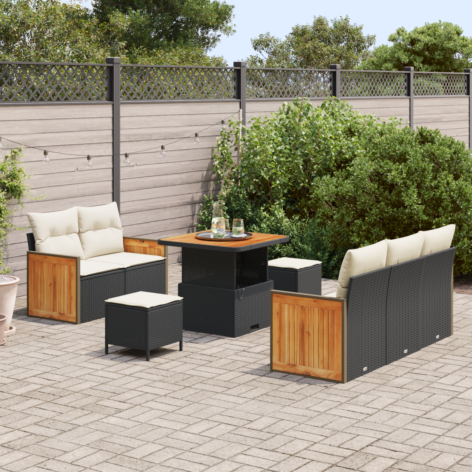 8 dalių Sodo Sofa Komplektas su Paminkštinimais Juodas Poli Ratanas Akacijos