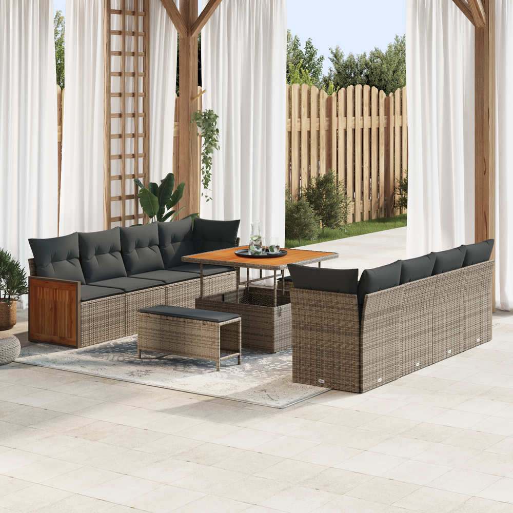 11-Piece Garden Sofa Set with Cushions Grey Poly Rattan Acacia