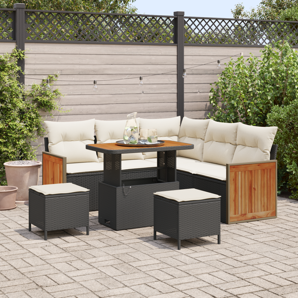 8-Piece Garden Sofa Set with Cushions Black Poly Rattan Acacia