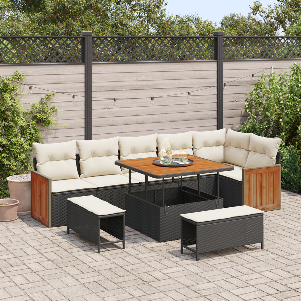 9 dalių sodo sofa rinkinys su pagalvėlėmis Juoda Poli Ratanas Akacija