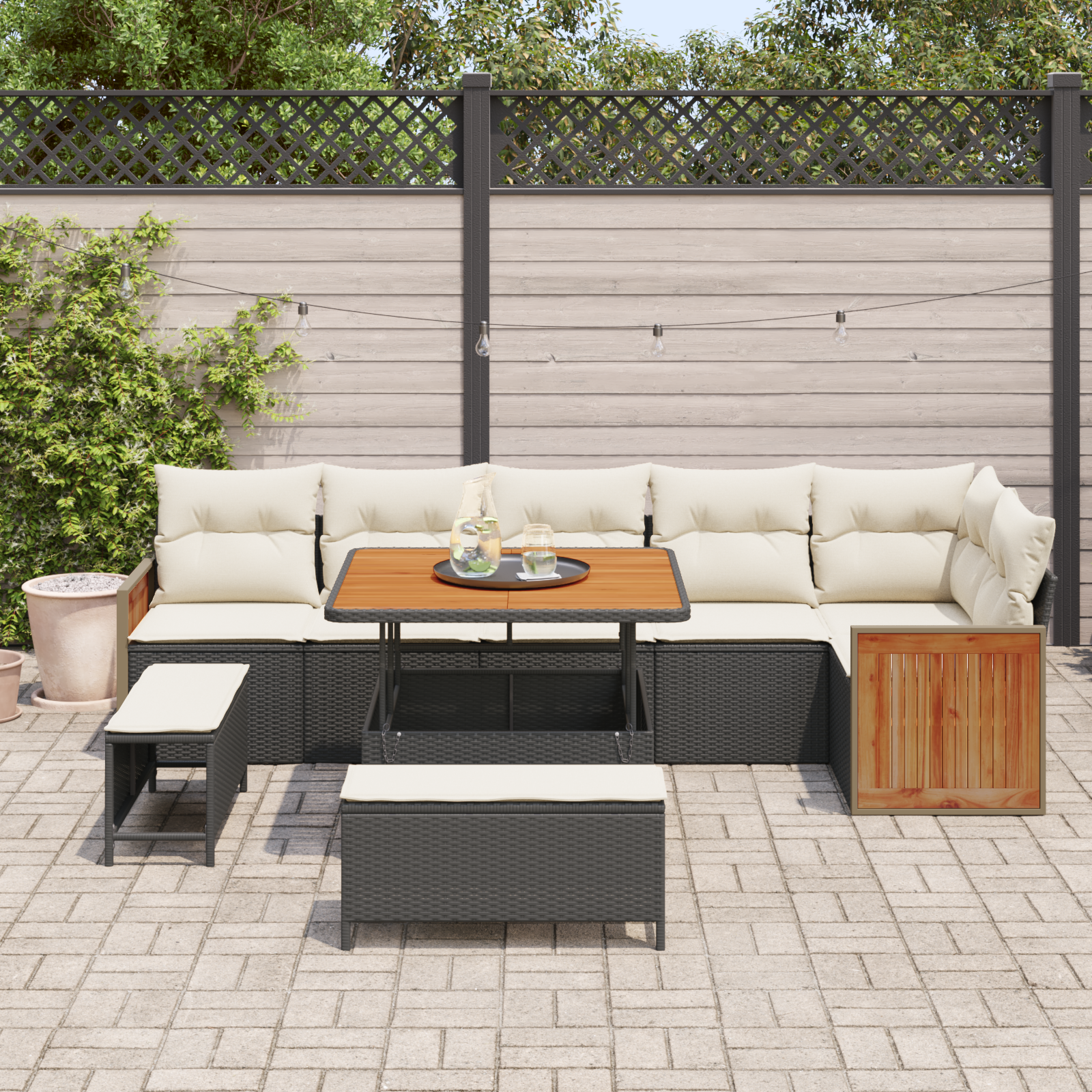 9 dalių sodo sofa rinkinys su pagalvėlėmis Juoda Poli Ratanas Akacija