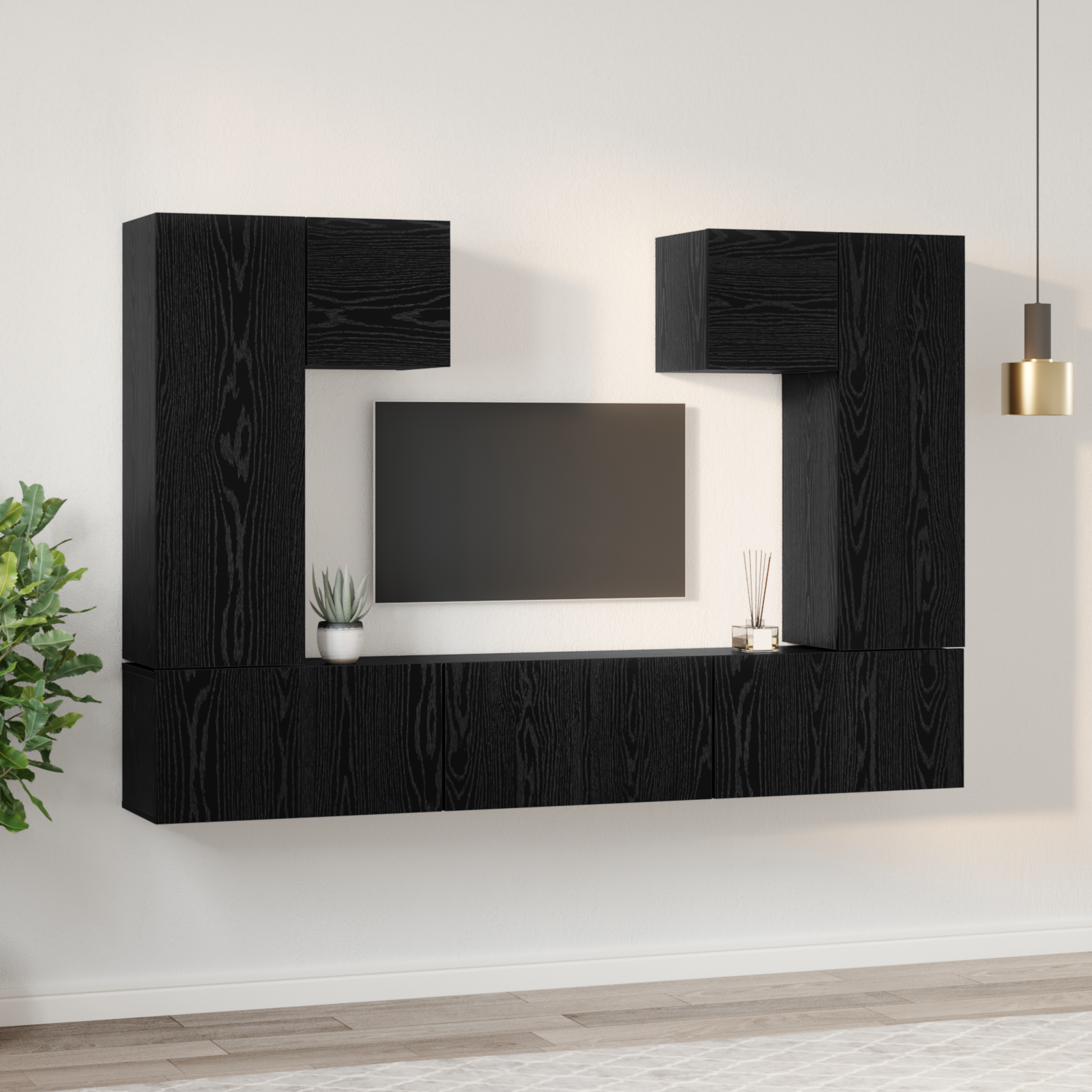 TV Cabinet Set 7 pcs Black Oak Engineered Wood