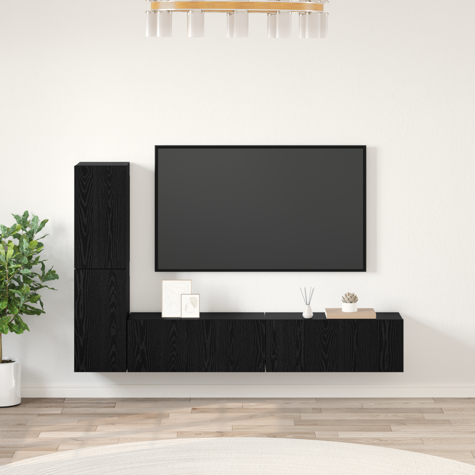 Sienas TV statīvs ar plauktu ar durvīm 4 gab. Melns ozols