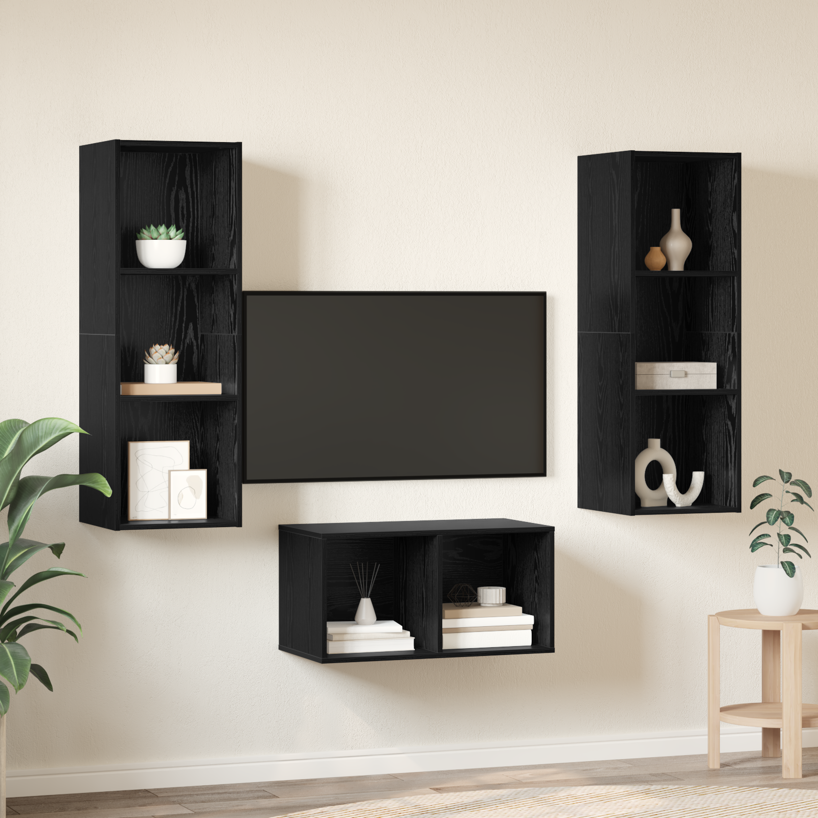 TV spintelės komplektas juoda ąžuolo 37 x 37 x 107 cm