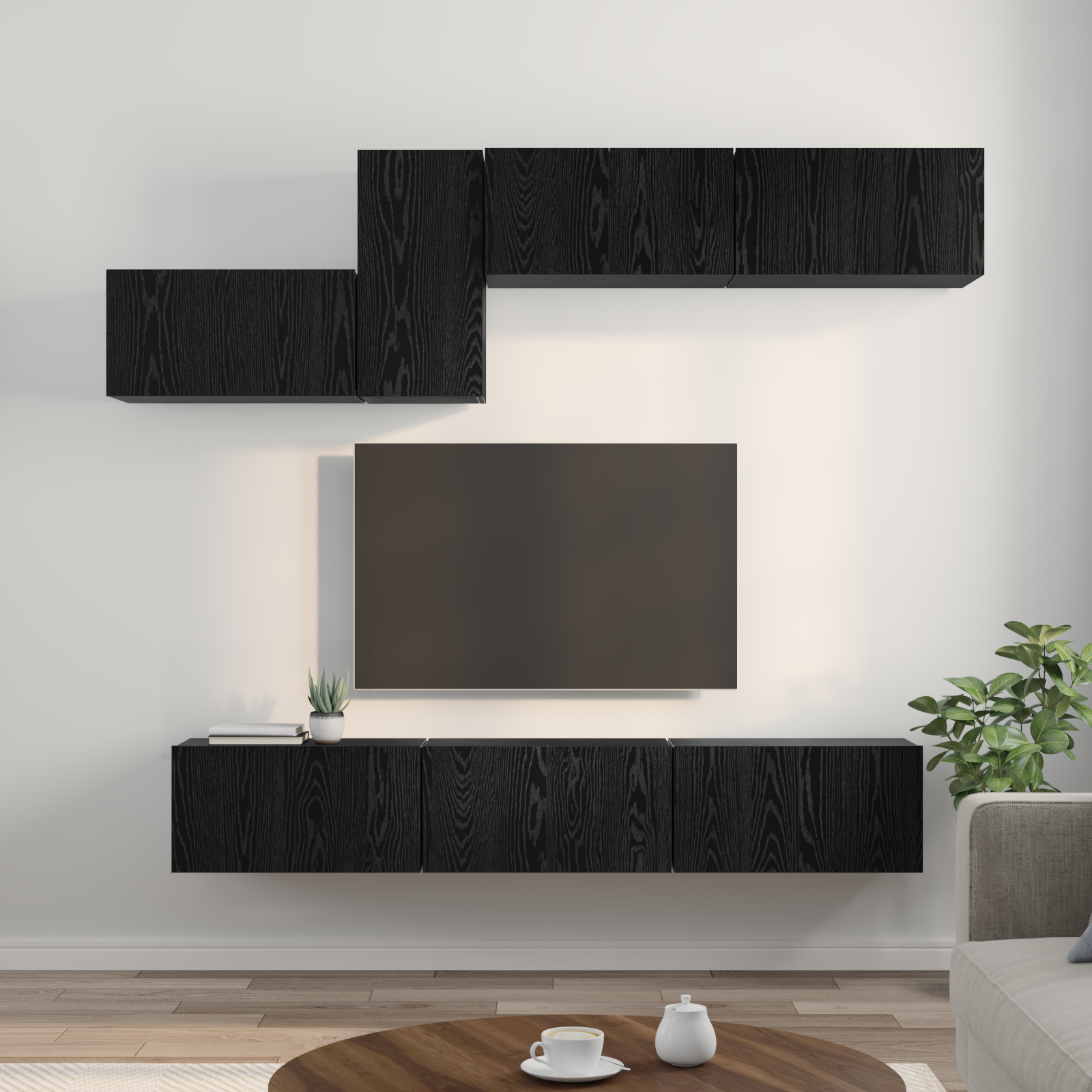 TV skapīšu komplekts, 7 gab., melns ozols, 60 x 30 x 30 cm