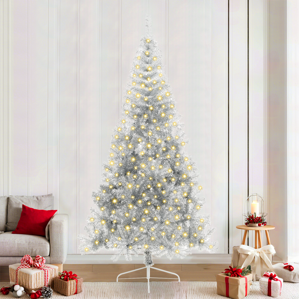Artificial Pre-Lit Christmas Tree with Lights Silver 240 cm PET