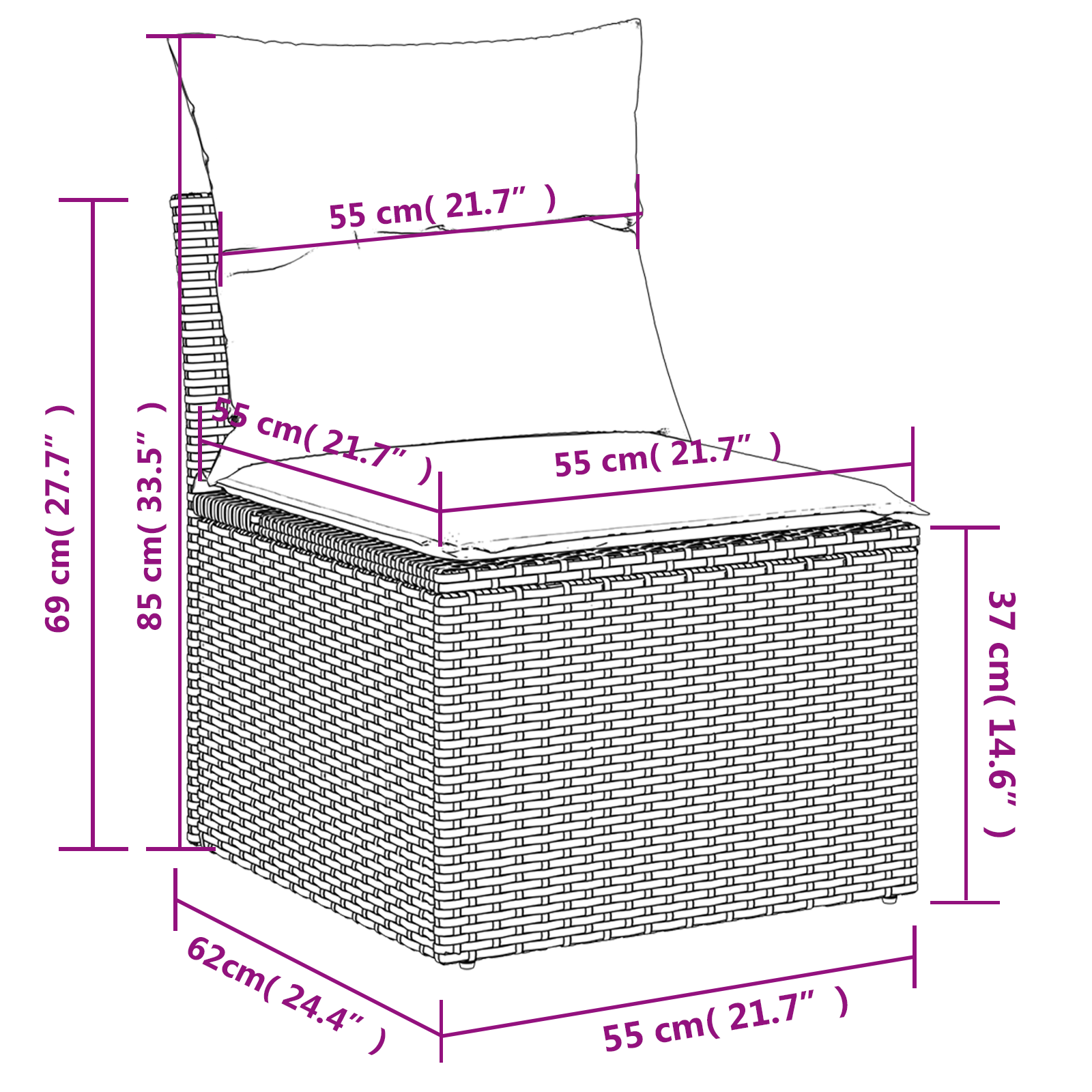 Sodo sofa su pagalve Pilka 55 x 62 x 69 cm Poli ratanas