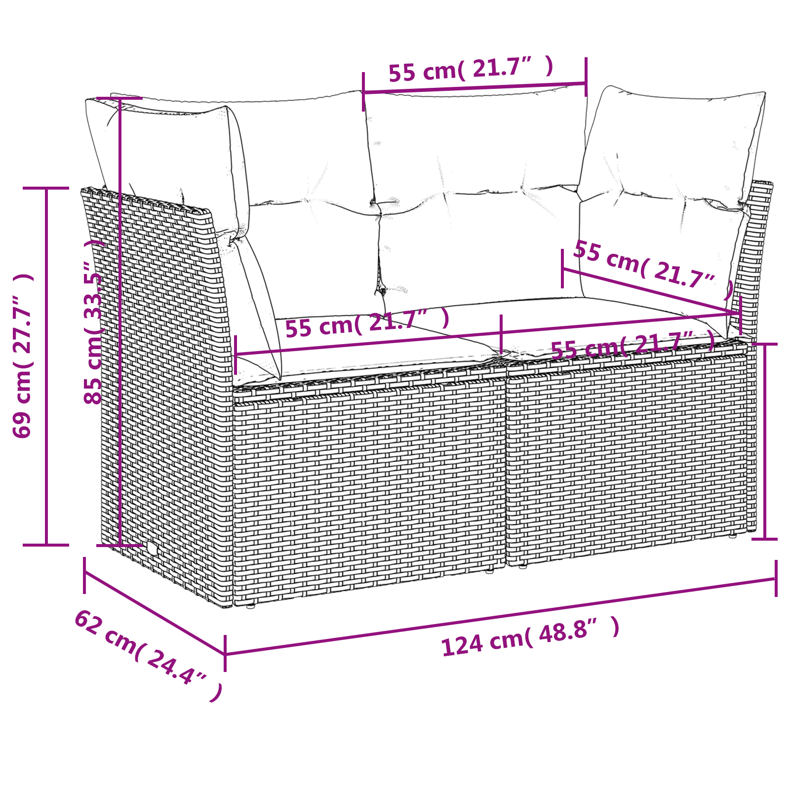 Sodo sofa su pagalve Pilka 124 x 62 x 69 cm Poli ratanas