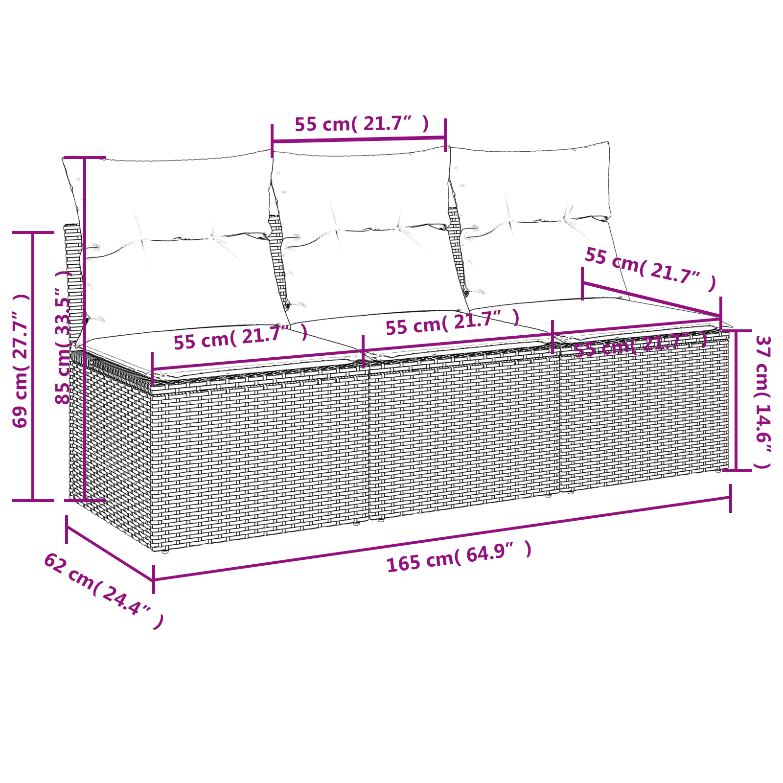 Sodo sofa su pagalve Pilka 165 x 62 x 69 cm Poli ratanas