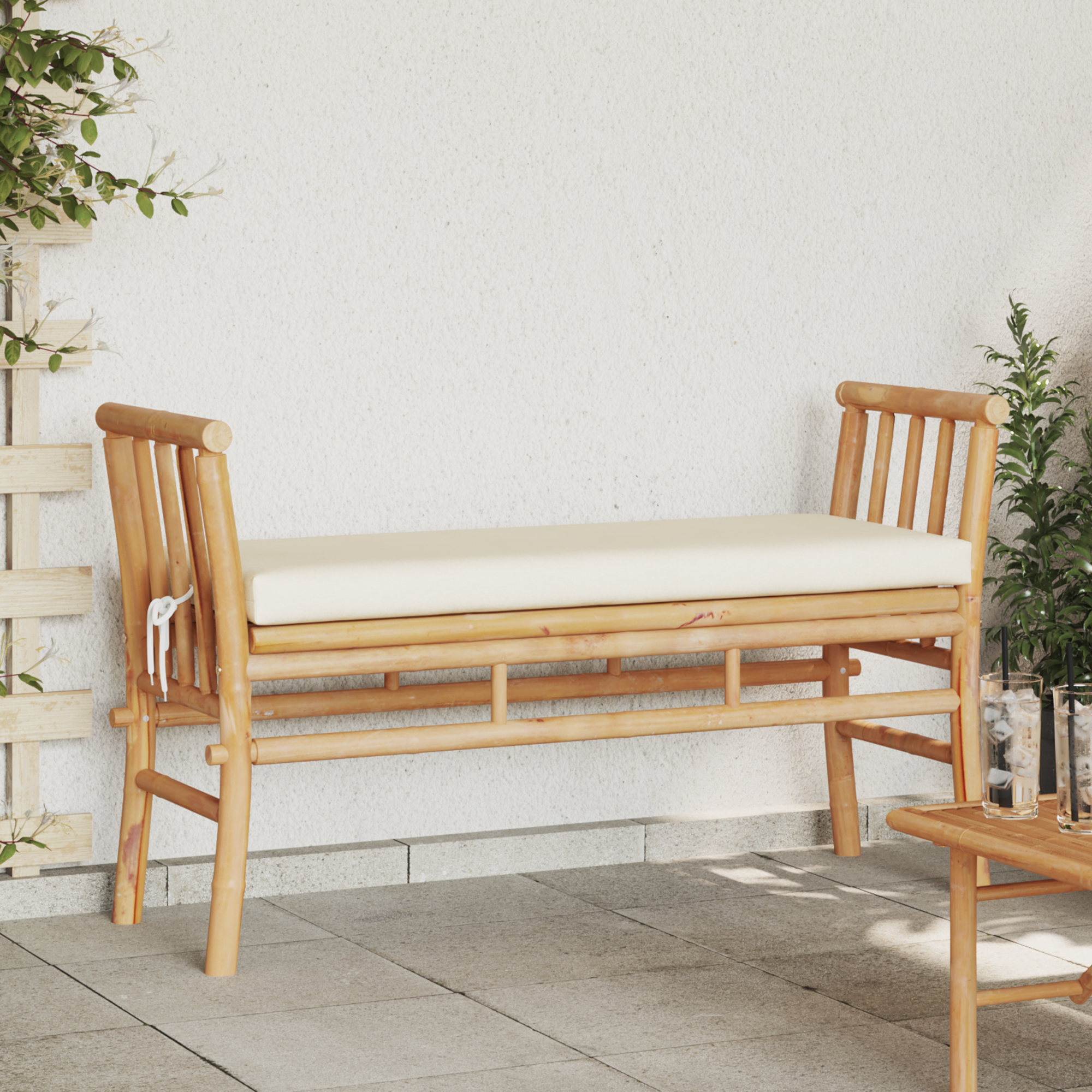 Outdoor bench with cushion 110 cm bamboo