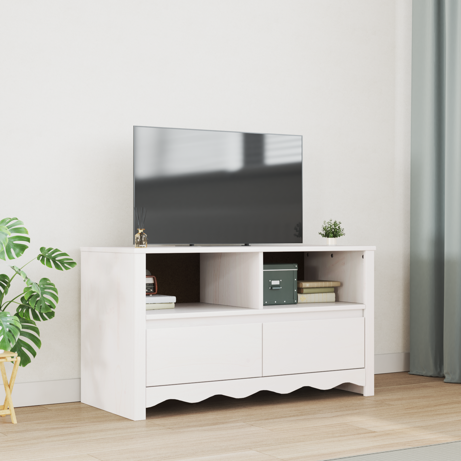 TV skapītis "DRAMMEN" Balts 99x43x55 cm Masīvkoks priede