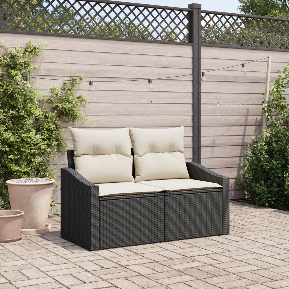 2-seater garden sofa with storage and cushions black poly rattan