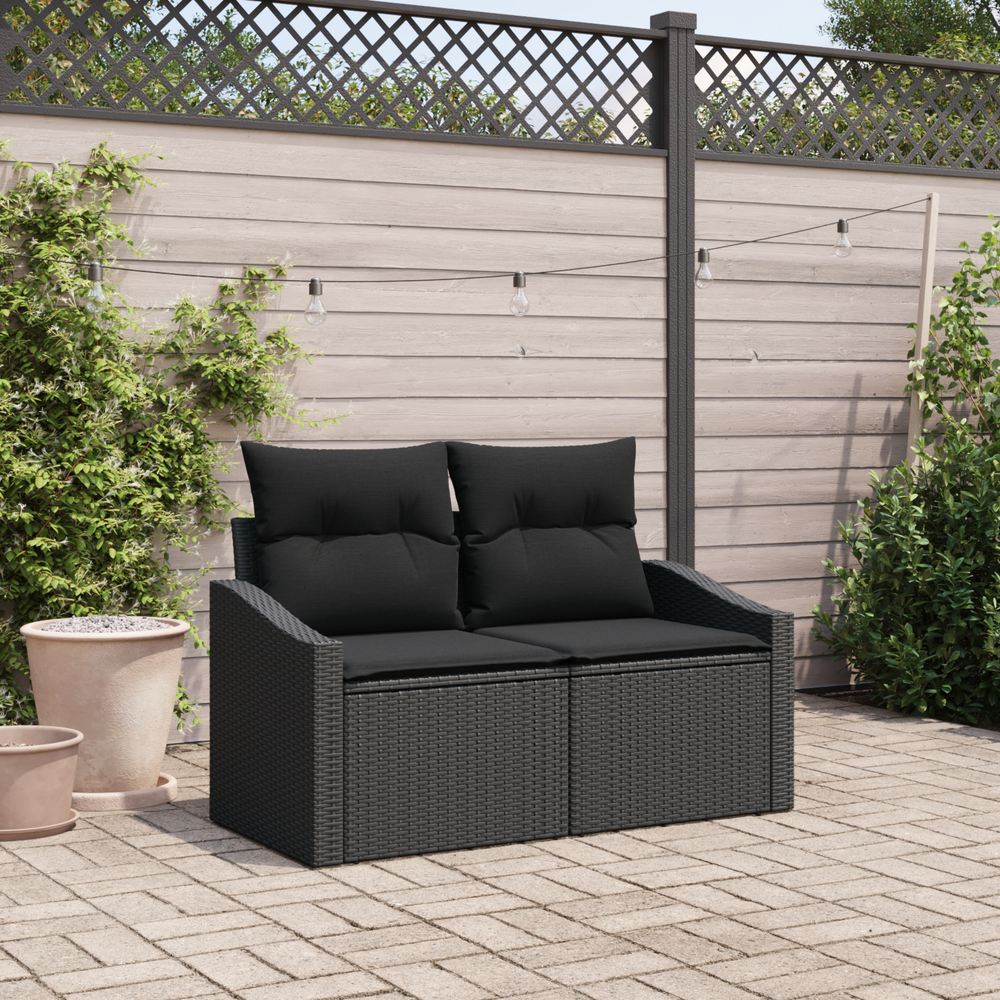 2-seater garden sofa with storage and cushions black poly rattan