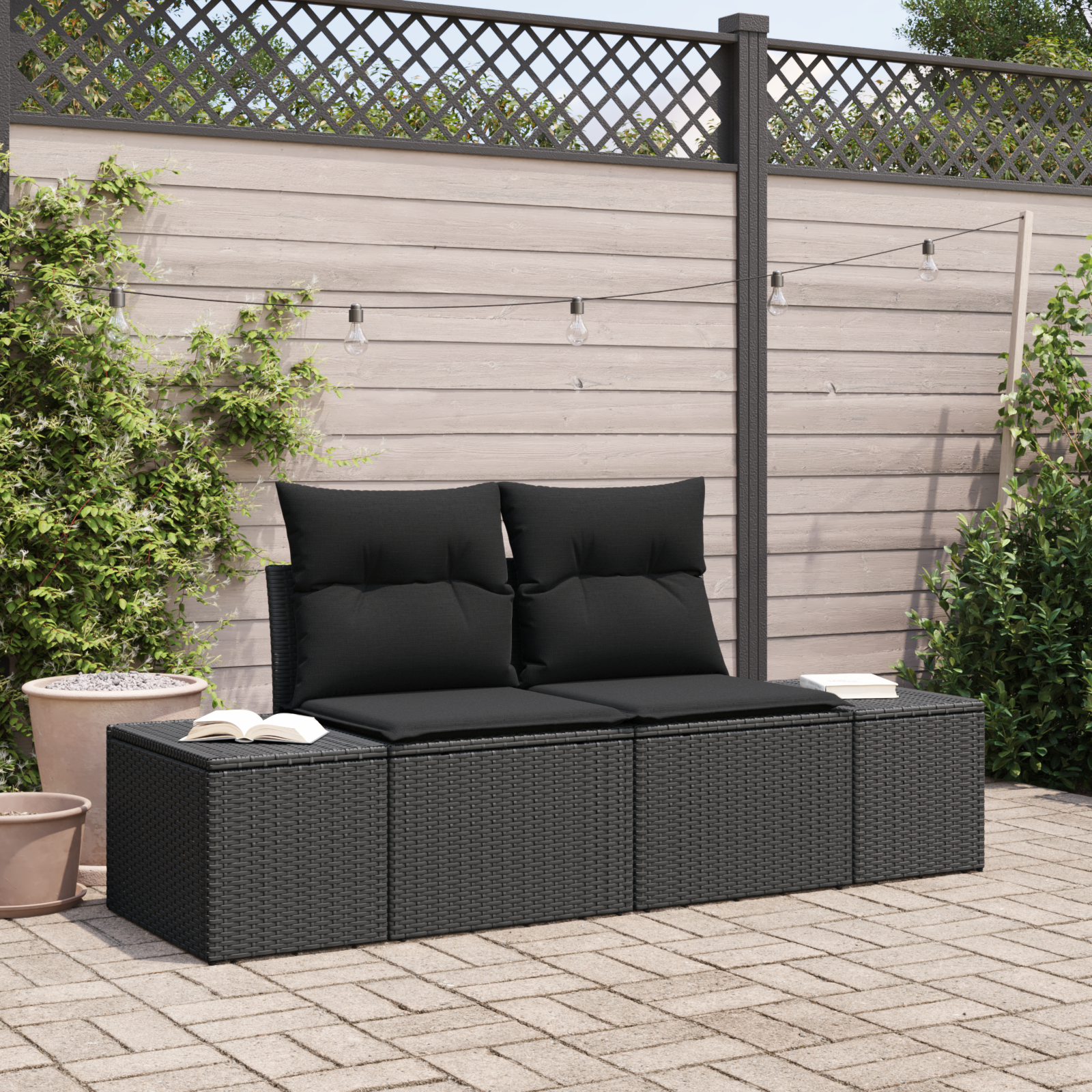 2 vietų sodo sofa su pagalvėlėmis Juoda Poli Ratanas