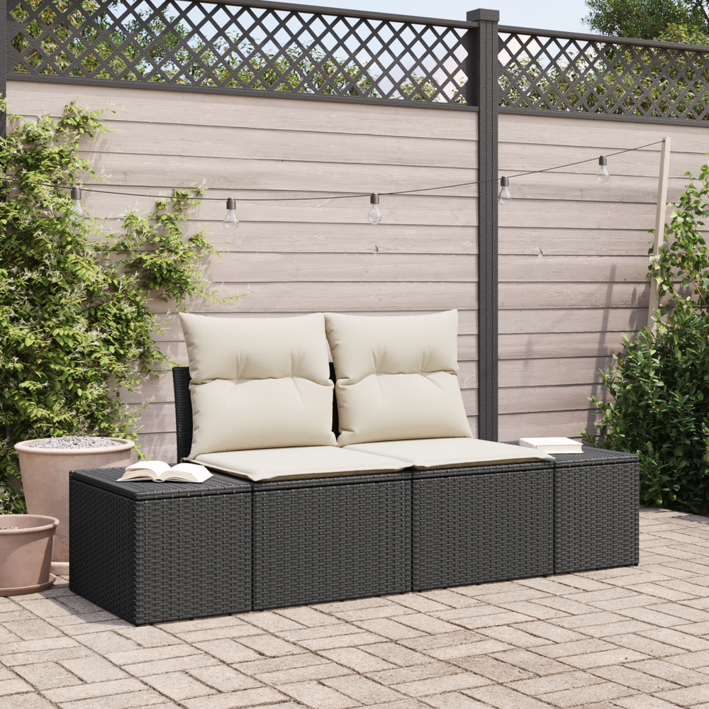 Two-seater garden sofa with storage and cushions Black poly rattan