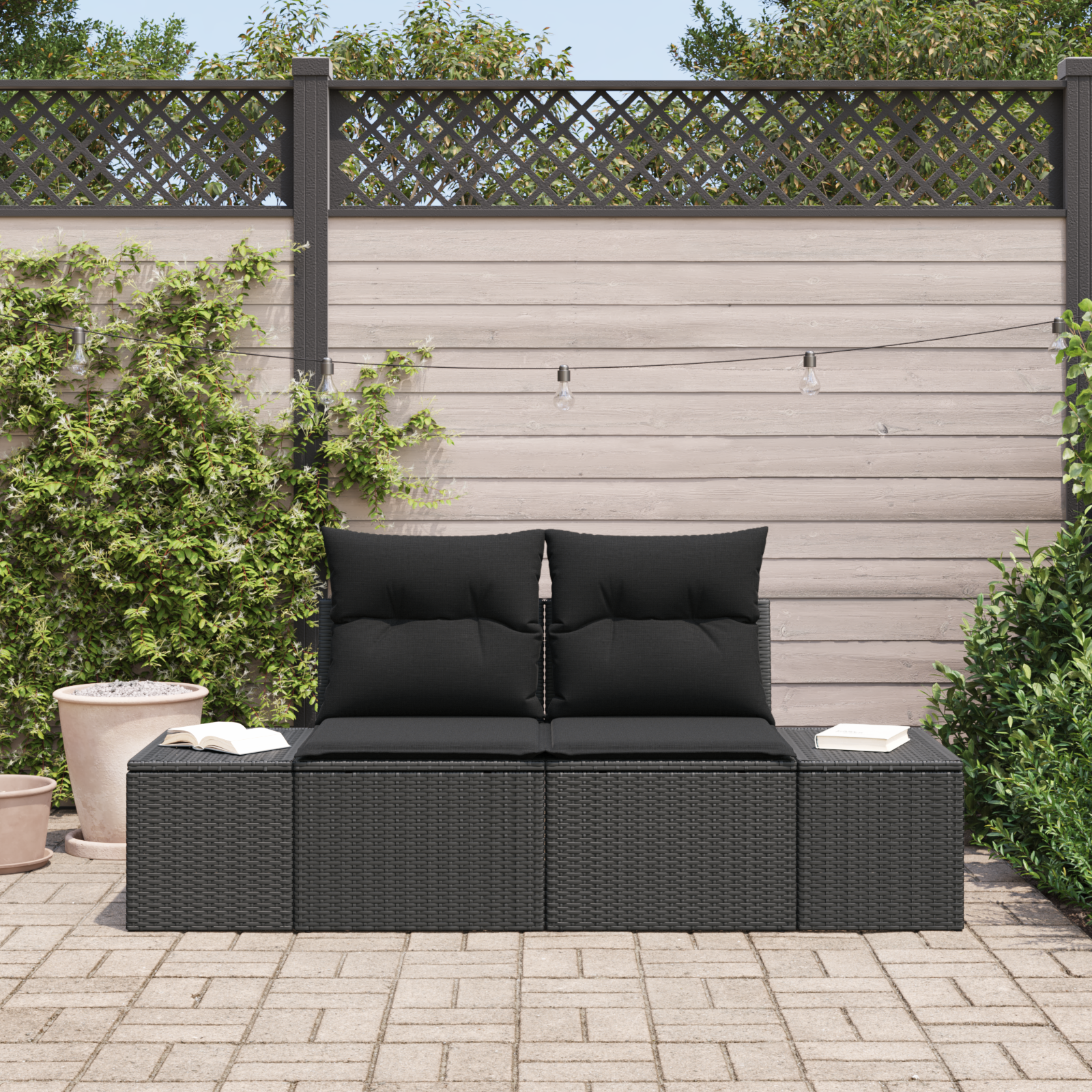 2 vietų sodo sofa su saugojimu ir pagalvėlėmis juoda poli ratanas