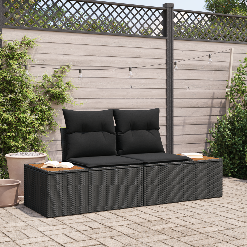 2-seater garden sofa with storage and cushions black poly rattan
