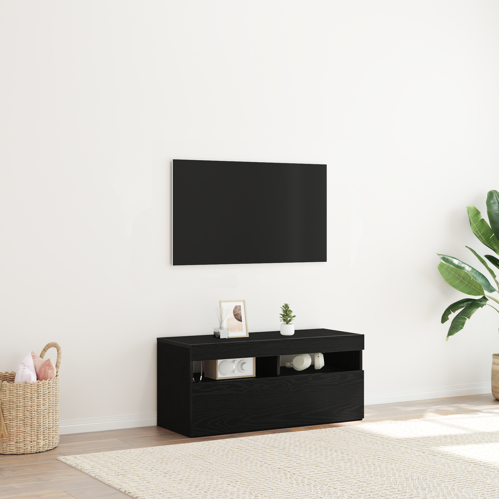Juoda TV Spintelė su LED Šviesomis 90x35x40 cm Iš Inžinerinės Medienos