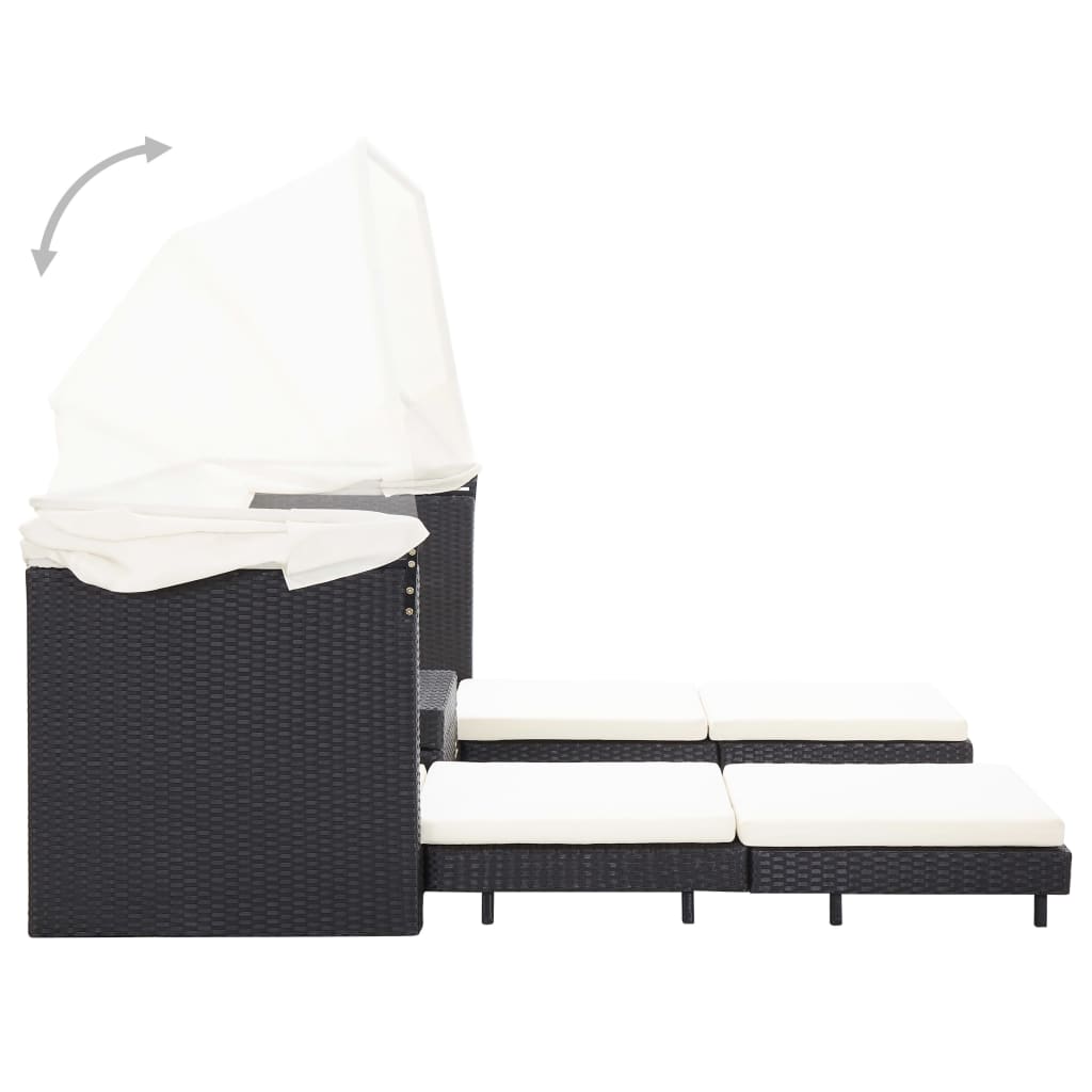 Ištraukiama trivietė sofa - lova su stogeliu, juoda, poliratanas - Namų Idėja