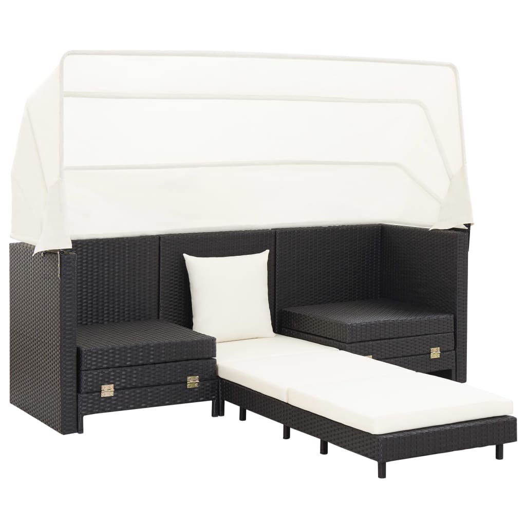 Ištraukiama trivietė sofa - lova su stogeliu, juoda, poliratanas - Namų Idėja