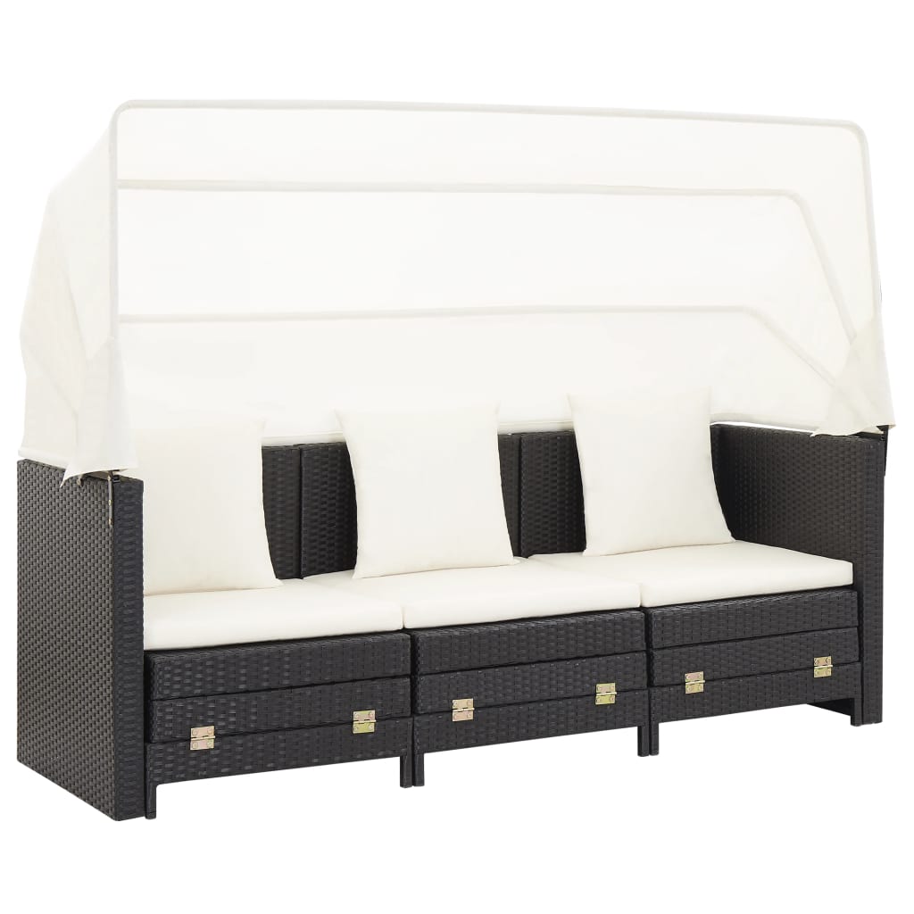 Ištraukiama trivietė sofa - lova su stogeliu, juoda, poliratanas - Namų Idėja