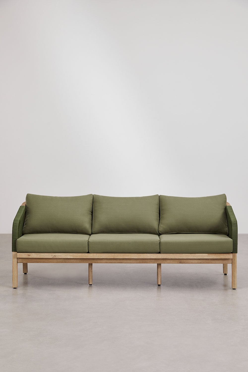 Sofa DALLAS, 3 vietų, akacijos mediena + virvelė, kariuomenės žalia