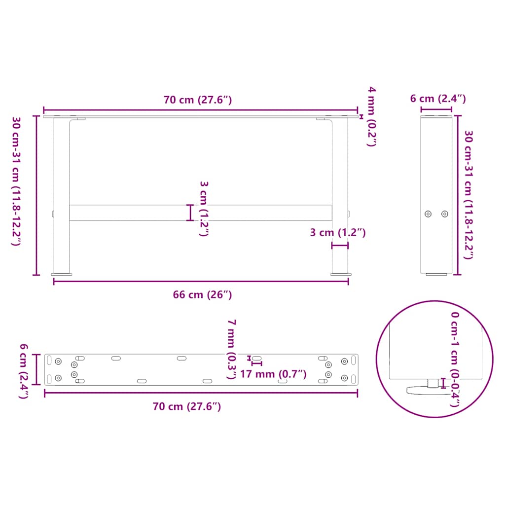 Kavos staliuko kojelės, 2 vnt., 70x(30 - 31) cm, natūralus plienas - Namų Idėja