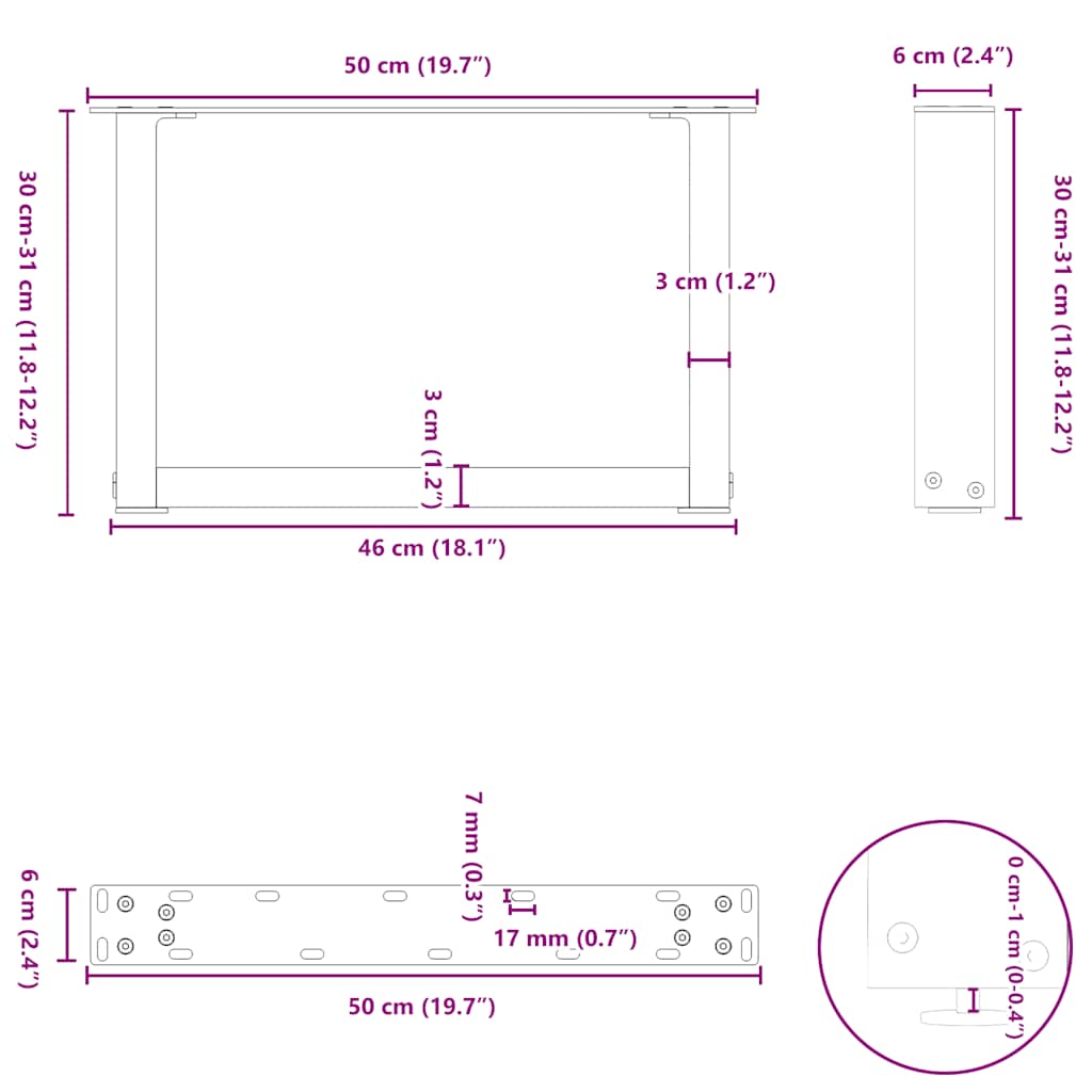 Kavos staliuko kojelės, 2 vnt., baltos, 50x(30 - 31) cm, plienas, U formos - Namų Idėja