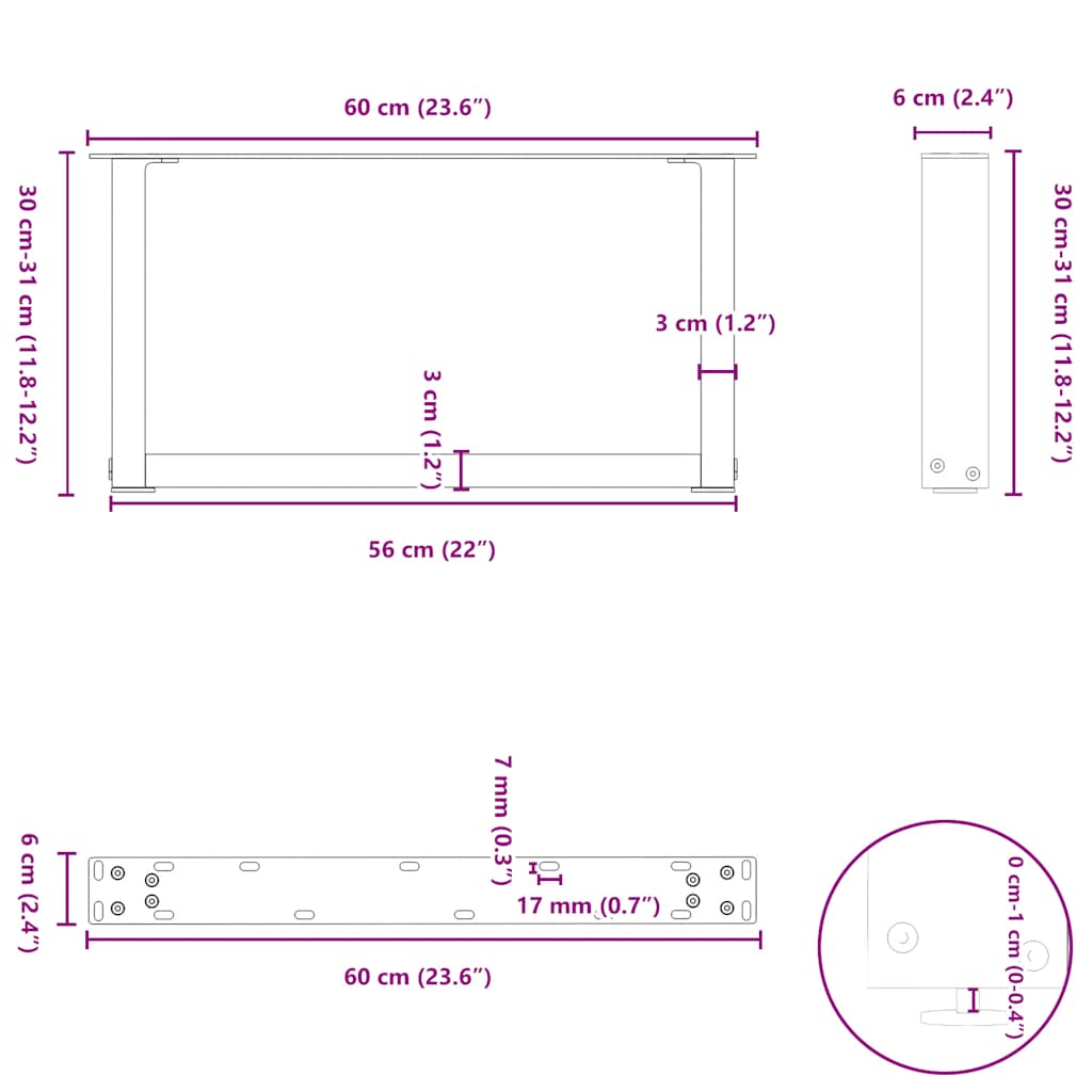 Kavos staliuko kojelės, 2 vnt., baltos, 60x(30 - 31) cm, plienas, U formos - Namų Idėja