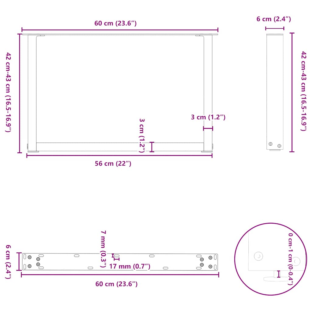 Kavos staliuko kojelės, 2 vnt., baltos, 60x(42 - 43) cm, plienas, U formos - Namų Idėja