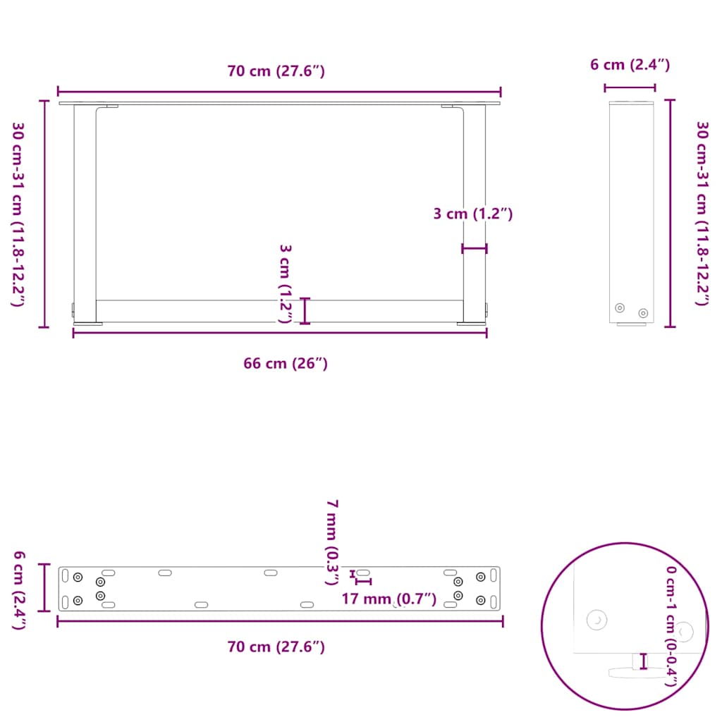 Kavos staliuko kojelės, 2 vnt., baltos, 70x(30 - 31) cm, plienas, U formos - Namų Idėja