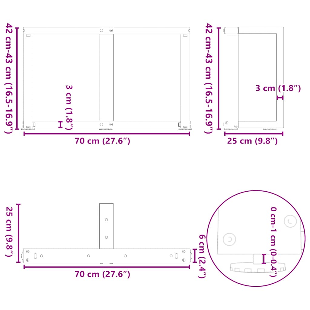 Kavos staliuko kojelės, 2 vnt., juodos, 70x25x(42 - 43) cm, plienas - Namų Idėja