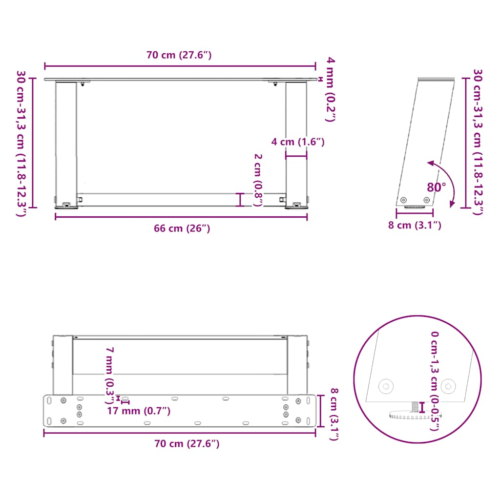 Kavos staliuko kojelės, 2 vnt., juodos, 70x(30 - 31) cm, plienas, U formos - Namų Idėja
