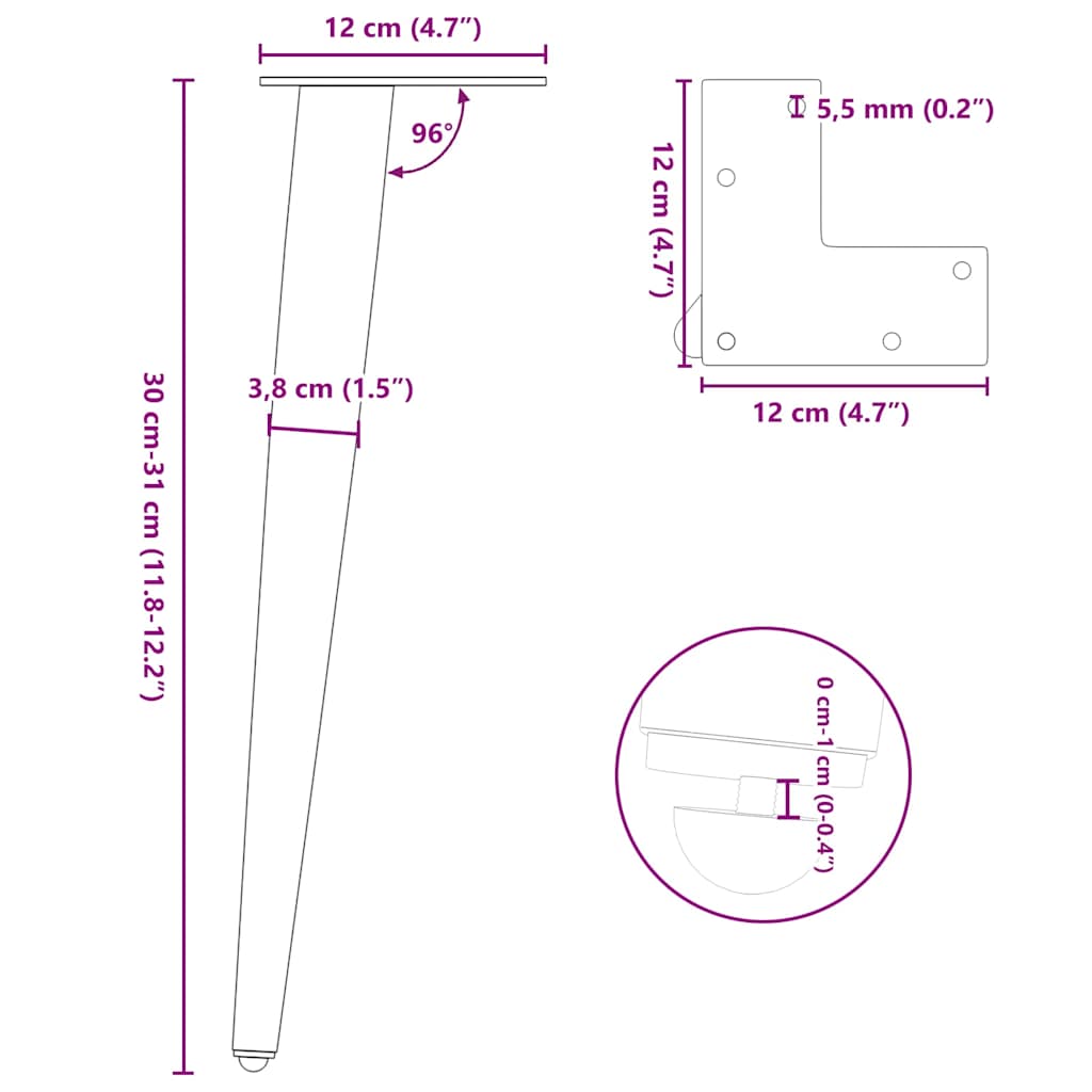 Kavos staliuko kojelės, kūginės, 4 vnt., juodos, 30 - 31 cm, plienas - Namų Idėja
