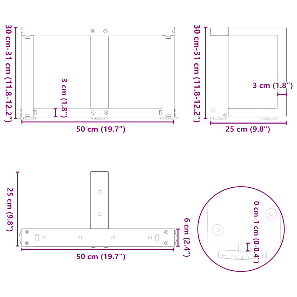 Kavos staliuko kojelės, T formos, 2 vnt., juodos, 50x25x(30 - 31) cm, plienas - Namų Idėja