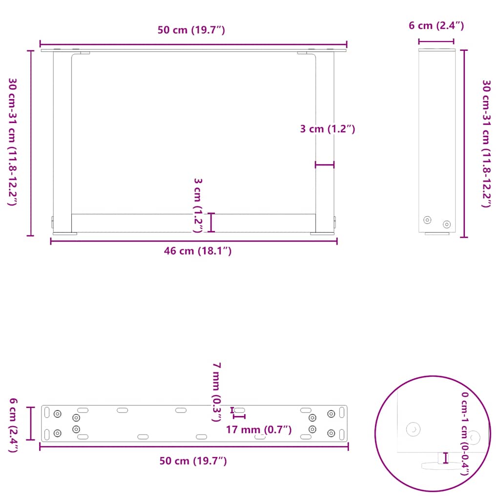 Kavos staliuko kojelės, U formos, 2 vnt., natūralus plienas, 50x(30 - 31) cm, plienas - Namų Idėja