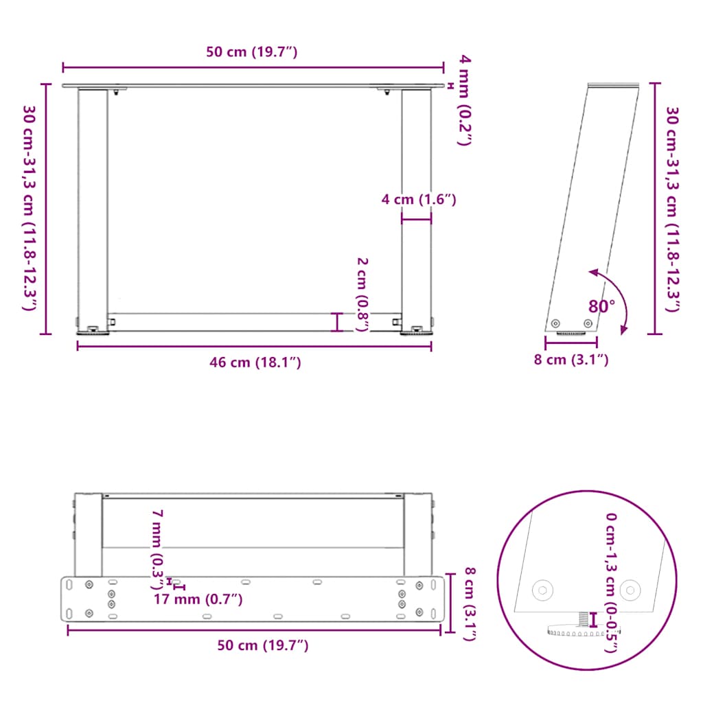 Kavos staliuko kojelės, U formos, 2 vnt., natūralus plienas, 50x(30 - 31) cm, plienas - Namų Idėja