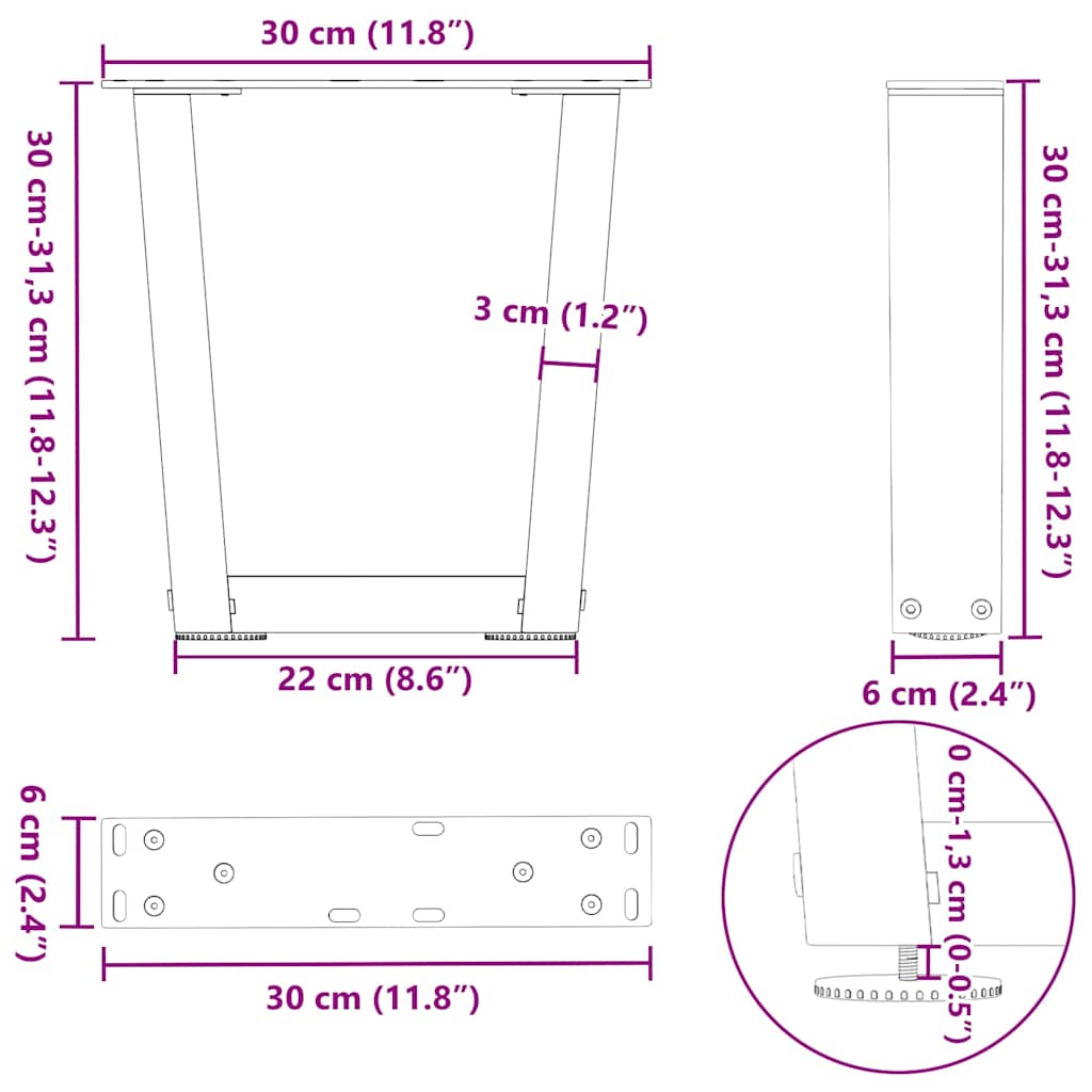 Kavos staliuko kojelės, V formos, 2 vnt., antracito spalvos, 30x(30 - 31,3) cm, plienas - Namų Idėja