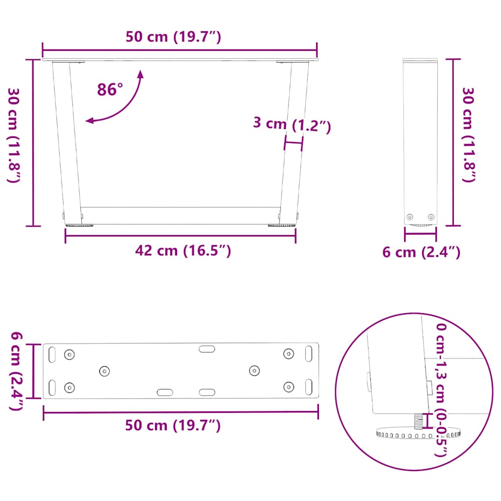 Kavos staliuko kojelės, V formos, 2 vnt., natūralus plienas, 50x(30 - 31,3) cm, plienas - Namų Idėja