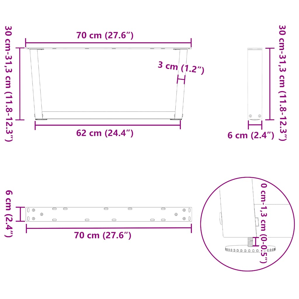 Kavos staliuko kojelės, V formos, 2 vnt., natūralus plienas, 70x(30 - 31,3) cm, plienas - Namų Idėja
