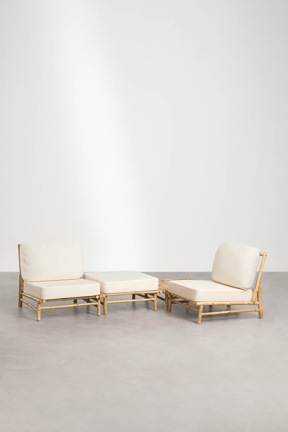 BAMBOO set, 2 armchairs, pouffe and table, white